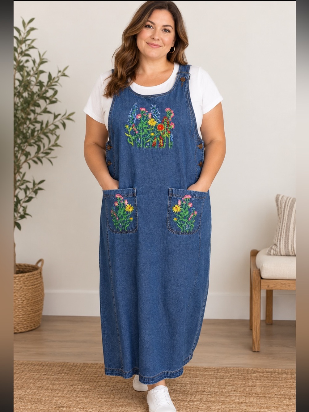Vtg Casey Coleman Denim Jumper Dress XL Floral Embroidered Maxi Cottage Chambray